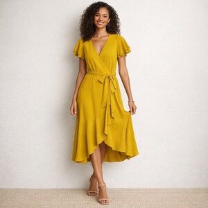a new day Marigold Yellow Wrap Midi Dress with Ruffle Hem Size XS